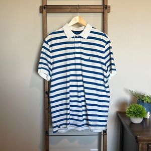 Men’s Nautica blue and white striped polo, size large